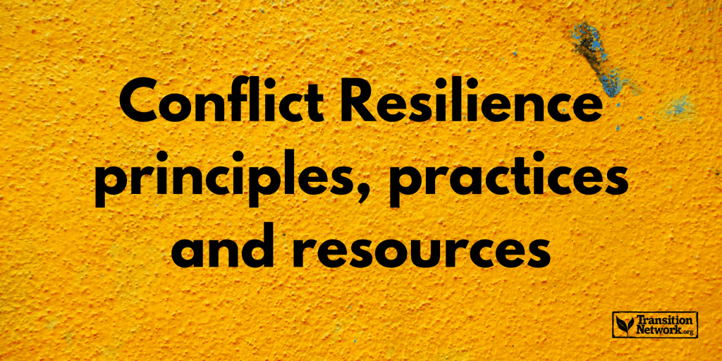 Feature image showing a yellow, textured wall, the words 'Conflict Resilience principles, practices and resources' and the Transition Network logo