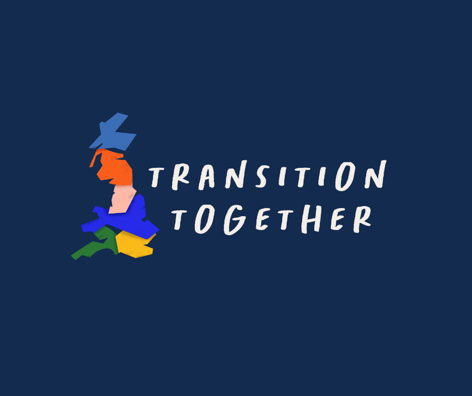 Dark blue background with an outline of the island of Britain in the centre - made up of colour blocks. Beside this are the words 'Transition Together'