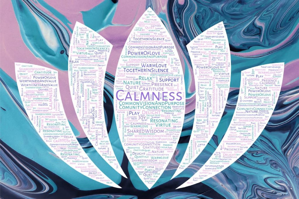A word-cloud shaped as a flower. The central word is calmness.